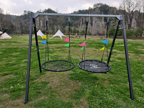 All‑Black Metal Swing Set with Two Adjustable PE Net Swing Seats