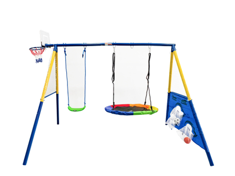 3‑in‑1 Multi‑Sport Kids Swing Set with Basketball Hoop and Soccer Net