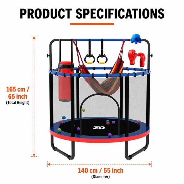 55 Inch 5in1 Kids Trampoline with Punching Bag Swing Rings