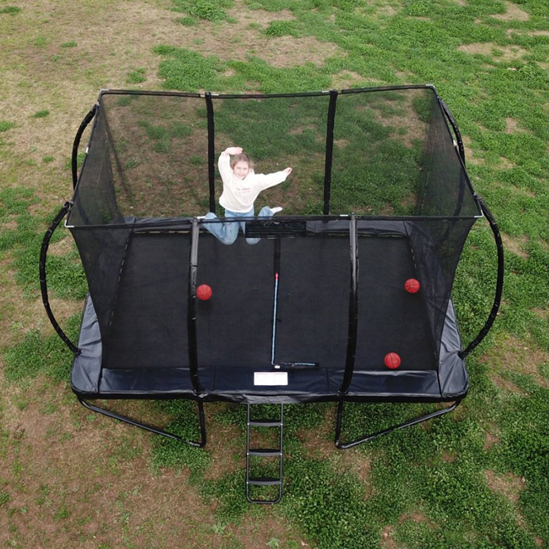 Evaluating yard ground conditions for an outdoor rectangular trampoline setup