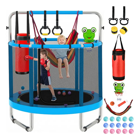 55 Inch 6in1 Kids Trampoline with Basketball Hoop Punching Bag