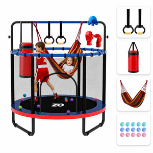 55 Inch 5in1 Kids Trampoline with Punching Bag Swing Rings