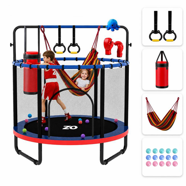 55 Inch 5in1 Kids Trampoline with Punching Bag Swing Rings